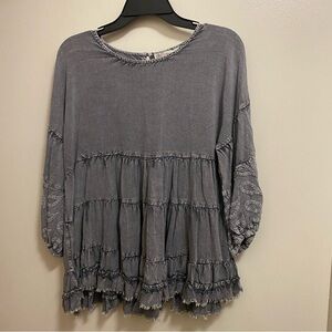 Laffaire Womens Gray Boho Peasant Top Blouse XL 44” Goth Witchy Paisley READ